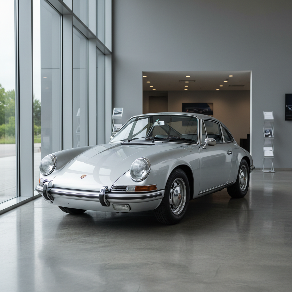 A meticulously restored vintage Porsche 911 in immaculate silver metallic paint with gleaming chrome trim and signature round headlights, parked in a pristine, organized showroom with sleek, neutral gray walls and polished concrete flooring. Diffused daylight from large windows casts smooth, soft highlights on the car's elegant curves and creates subtle, clean reflections on the surface. The layout is clean and uncluttered, emphasizing the car as the central focus. Captured at a slightly elevated three-quarter angle, rule of thirds composition. The mood is refined and professional, with a photographic realism that aligns with a high-end corporate automotive listing.