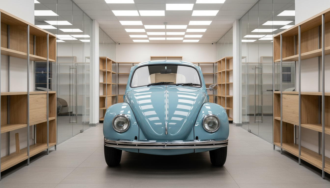 A classic Volkswagen Beetle in glossy pastel blue with original chrome bumpers, distinctive rounded fenders, and retro wheel covers, centered inside a minimalist dealership bay featuring structured shelving and glass partitions. Overhead neutral LED lighting softly illuminates the vehicle, casting delicate, even shadows beneath. The space is architectural and airy, with balanced lines and uncluttered surfaces. The image uses an eye-level straight-on perspective, emphasizing symmetry and timeless style. The atmosphere is calm, trustworthy, and curated, with a clean, photographic aesthetic that conveys attention to detail and professionalism.