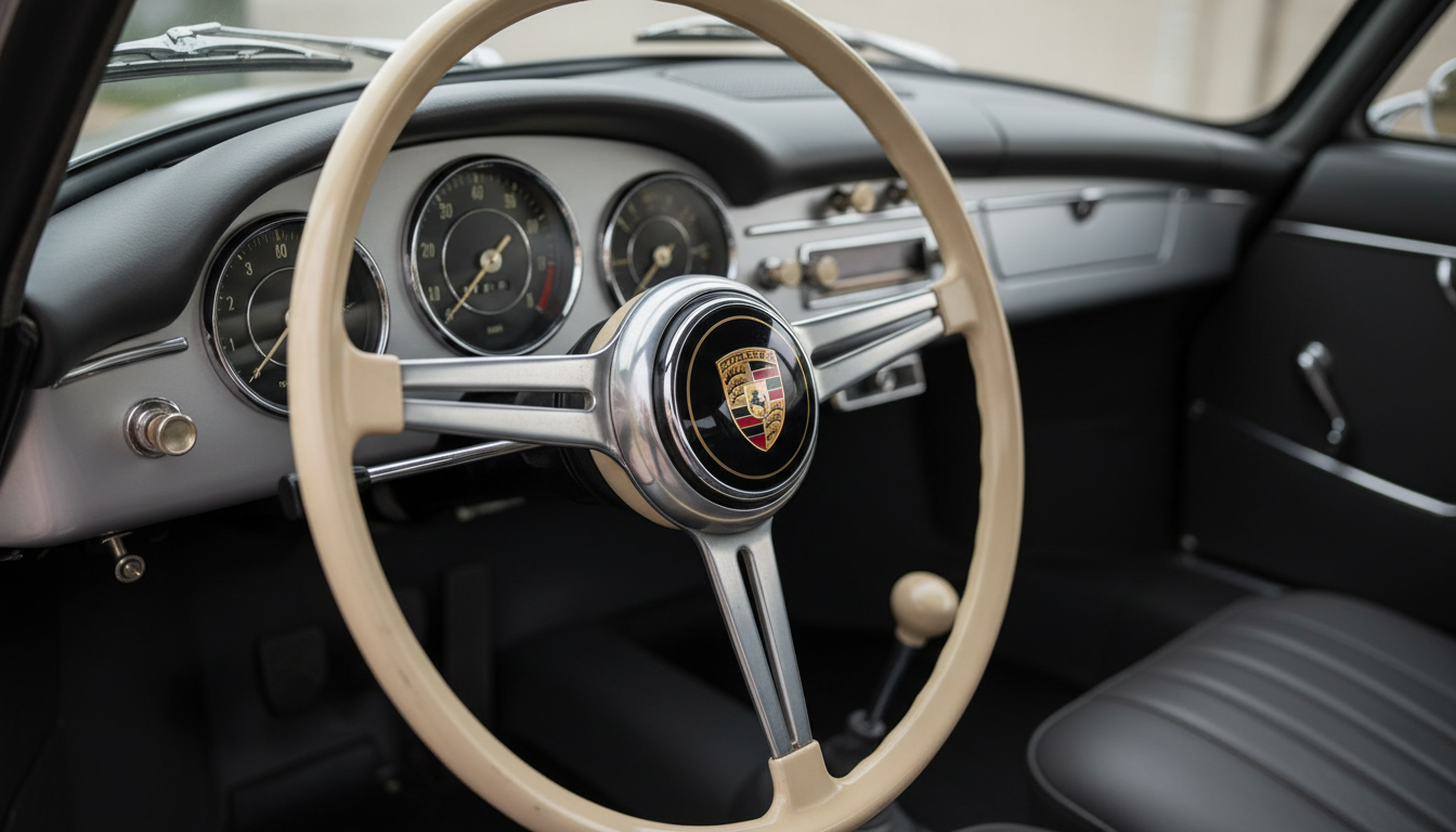 A close-up detail of a vintage Porsche steering wheel—smooth ivory Bakelite with chrome spokes, showcasing the classic crest emblem at center—set against a tastefully restored dashboard in soft charcoal leather with polished metal trim. The background features the structured interior layout of the car, all elements in sharp focus. Gentle, diffused window light enhances textures and creates natural highlights and mild shadows, emphasizing craftsmanship. Captured with a shallow depth of field at a slight angle, the image feels sophisticated and tactile. The mood is understated luxury, aligning with a professional, automotive storefront.