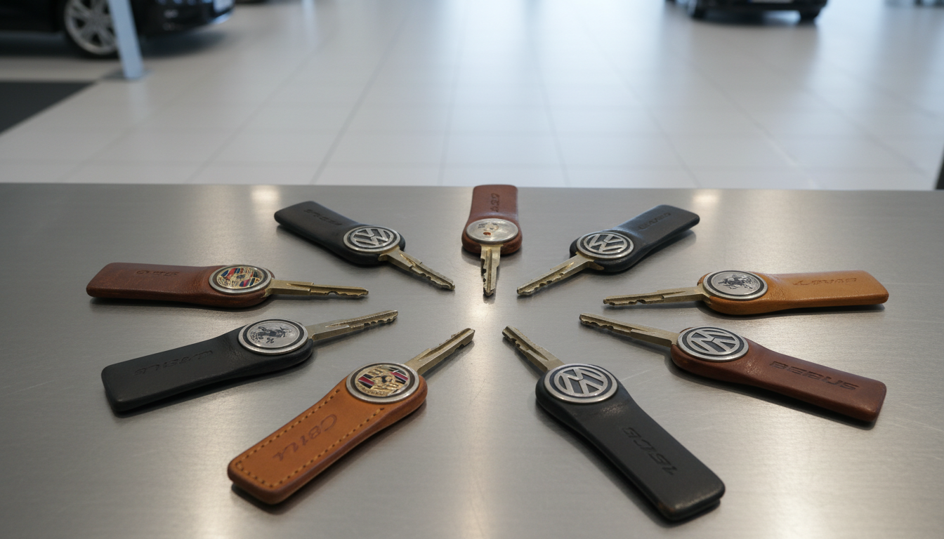 A collection of vintage Porsche and Volkswagen car keys, each with unique metal badges and classic leather fobs, arranged with precision on a brushed steel surface within a spotless, well-lit showroom environment. A narrow beam of cool, diffused overhead lighting creates soft reflections and crisp, elegant shadows, bringing out the metallic textures and logos. The scene is captured from a directly overhead, flat-lay perspective, emphasizing clarity and balance. The overall mood is one of trust, exclusivity, and attention to detail, suited for a professional car sales platform.