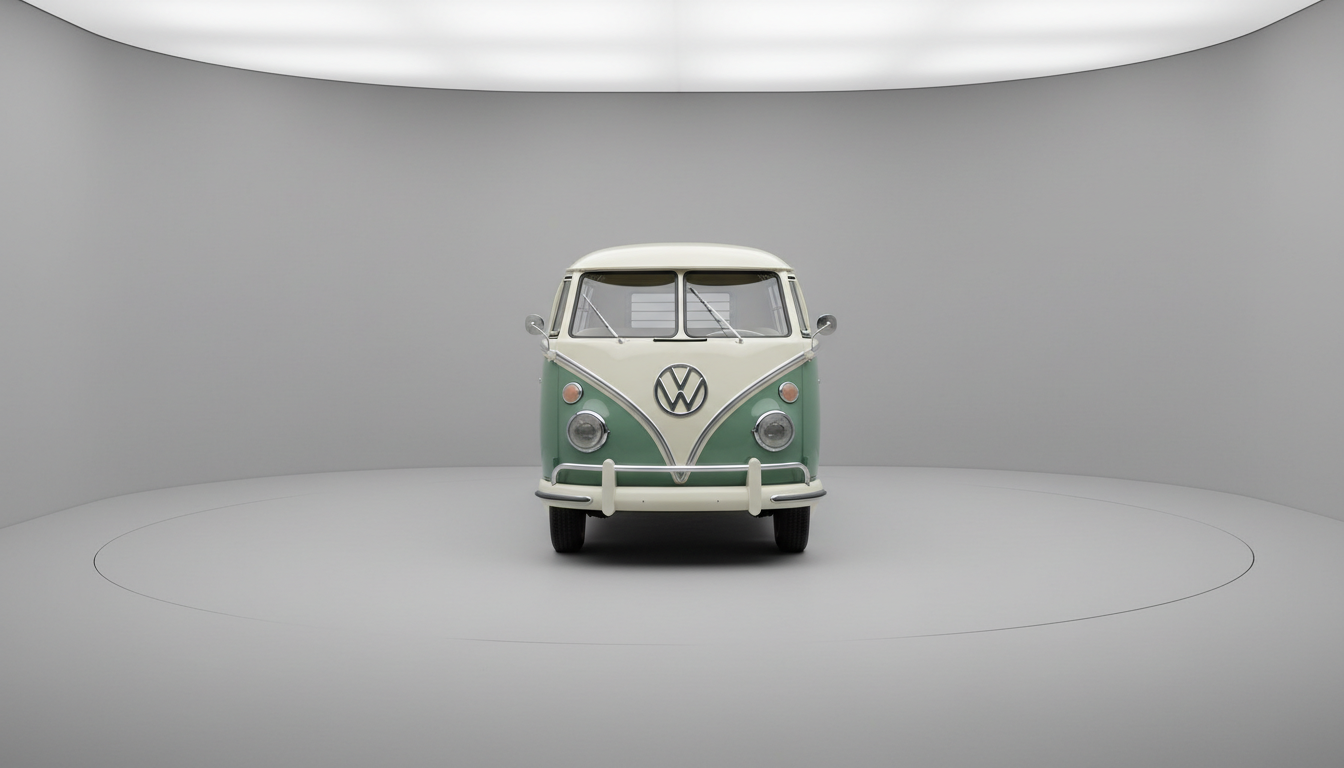 A rare Volkswagen Type 2 microbus in pristine seafoam green and white two-tone paint, positioned on a perfectly smooth, pale gray studio infinity backdrop with even, soft studio lighting. The lighting is balanced to accentuate the distinctive shape, creating subtle contour shadows beneath the vehicle and on the body panels. The composition follows clean lines and centered framing, evoking a sense of nostalgia and order. The photographic realism and minimalist style reinforce the site’s corporate personality, highlighting the bus as a covetable, iconic collectible.